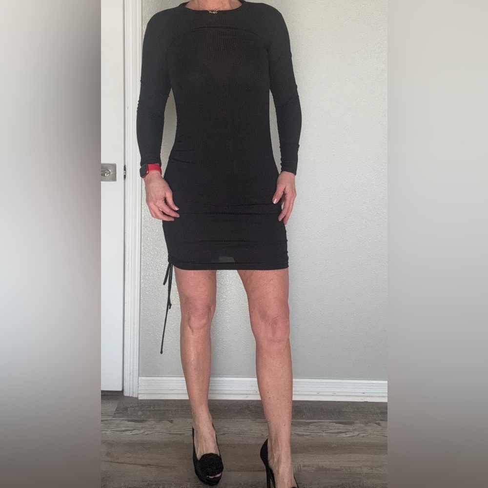 Velvet Torch Black Ribbed Bodycon Dress Crew Neck Long Sleeve Cocktail